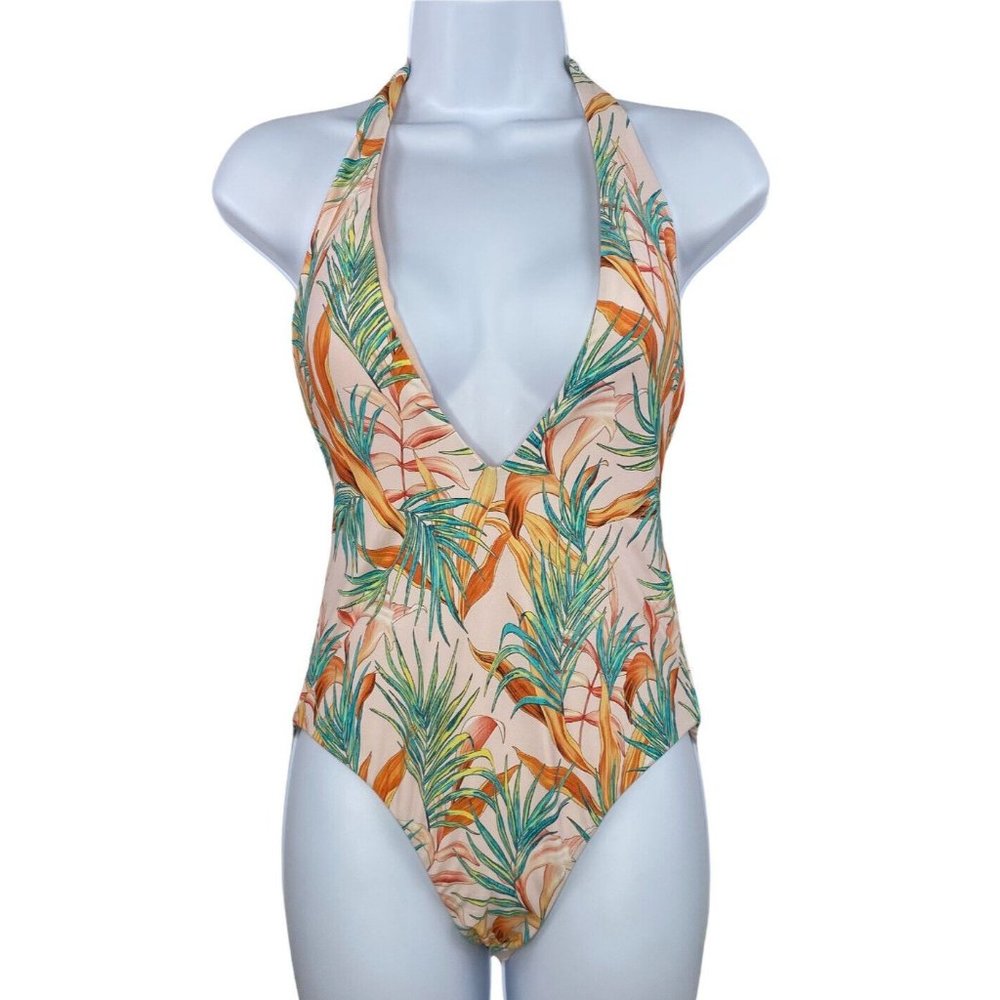 Basta Surf Women’s Pink Floral Print One Piece Swimsuit Plunging Halter Sz M NWT